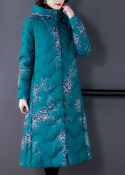 Fitted Blue Hooded Print Fine Cotton Filled Puffers Coats Winter