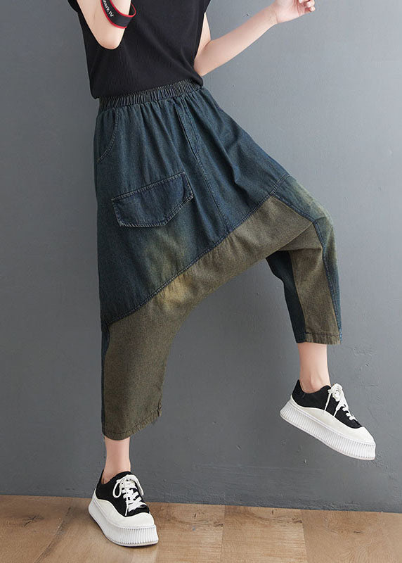 Fitted Blue Pockets Elastic Waist Patchwork Cotton Pants Spring
