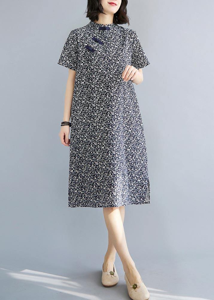 Fitted Blue Print Cotton side open Summer Long Dresses - SooLinen