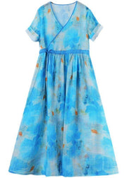 Fitted Blue Print Linen tie waist Summer Vacation Dresses - SooLinen