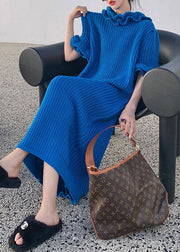 Fitted Blue Ruffled Knit Ankle Dress Petal Sleeve