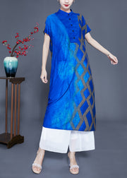 Fitted Blue Stand Collar Tie Dye Silk Maxi Dresses Summer