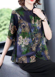 Fitted Blue Stand Collar Wrinkled Patchwork Print Silk Shirt Short Sleeve