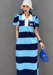 Fitted Blue Striped Turn-down Collar Lace Patchwork Side Open Cotton Long Dress Short Sleeve
