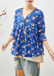 Fitted Blue V Neck Print Cotton Fake Two Piece Shirts Fall