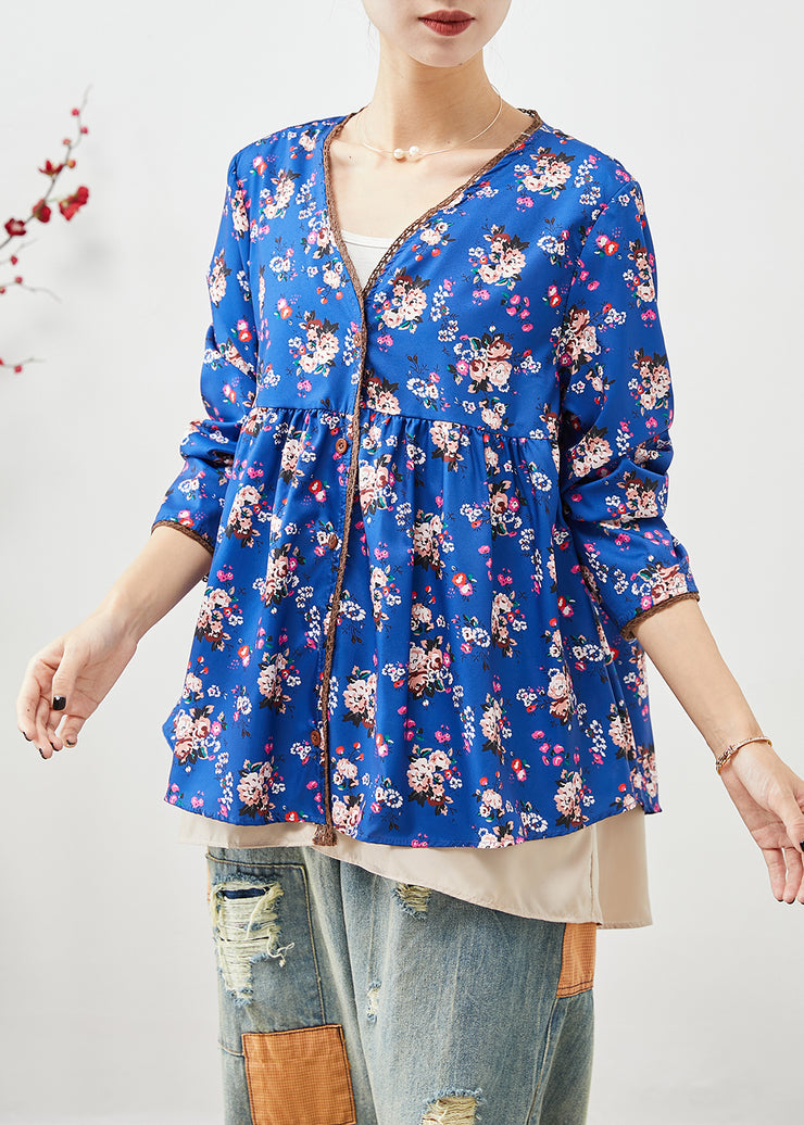 Fitted Blue V Neck Print Cotton Fake Two Piece Shirts Fall