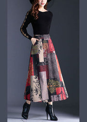 Fitted Brick Red Plaid Woolen Skirt Winter