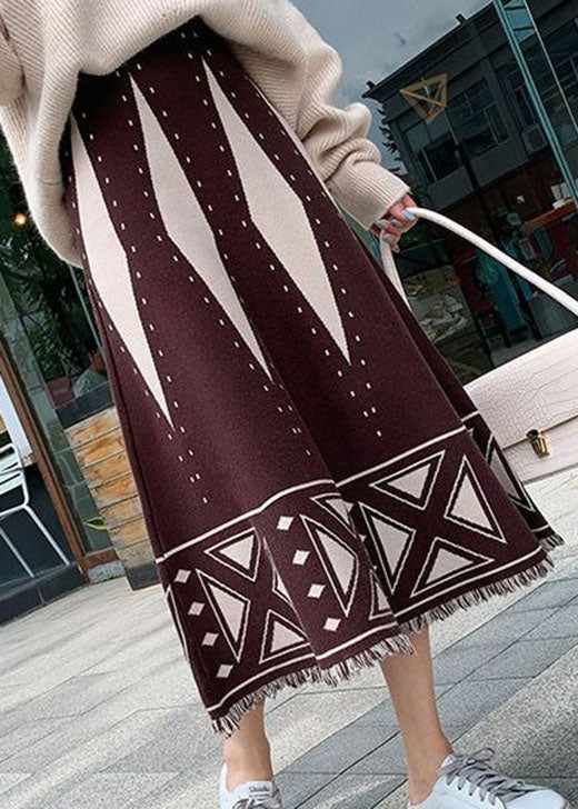 Fitted Brown Tasseled Print Knit Skirt Spring