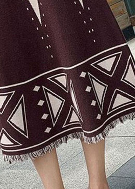 Fitted Brown Tasseled Print Knit Skirt Spring