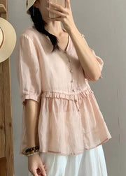 Fitted Champagne Colour V Neck Ruffled Button Linen Shirts Half Sleeve