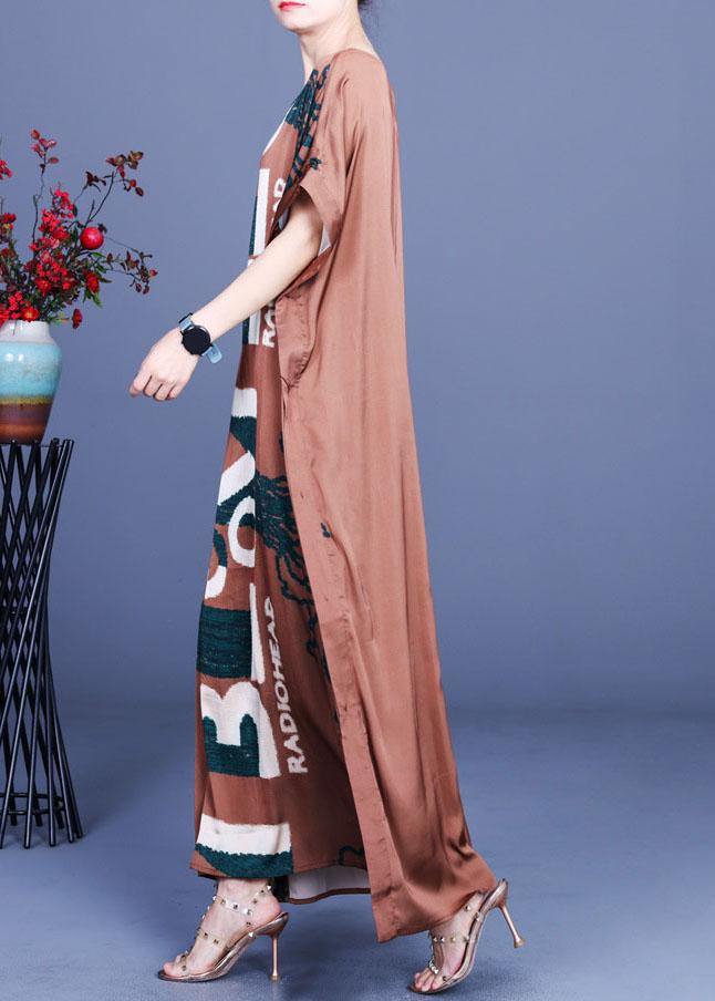 Fitted Chocolate Print Side open Silk Summer Maxi Dresses - SooLinen