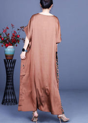 Fitted Chocolate Print Side open Silk Summer Maxi Dresses - SooLinen