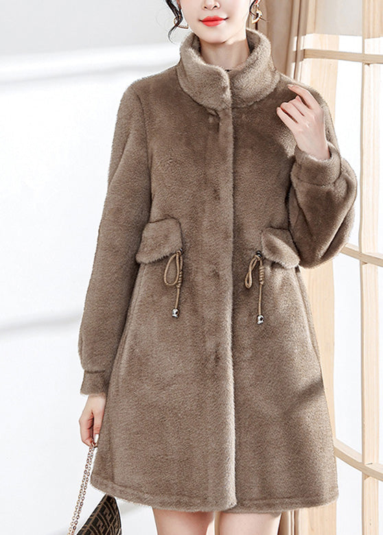 Fitted Coffe Stand Collar Drawstring Button Mink Velvet Thick Woolen Coats Winter