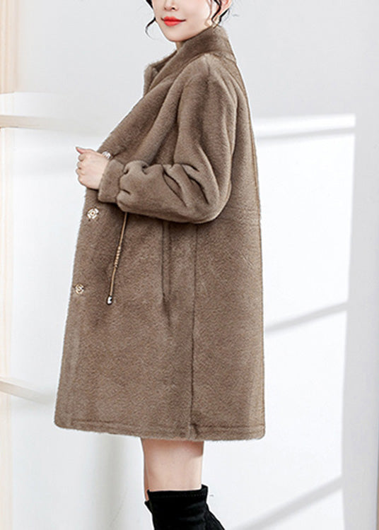 Fitted Coffe Stand Collar Drawstring Button Mink Velvet Thick Woolen Coats Winter