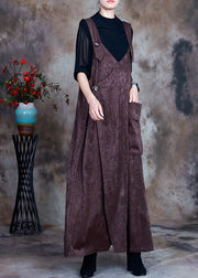 Fitted Chocolate Asymmetrical Pockets Velour Dress Sleeveless