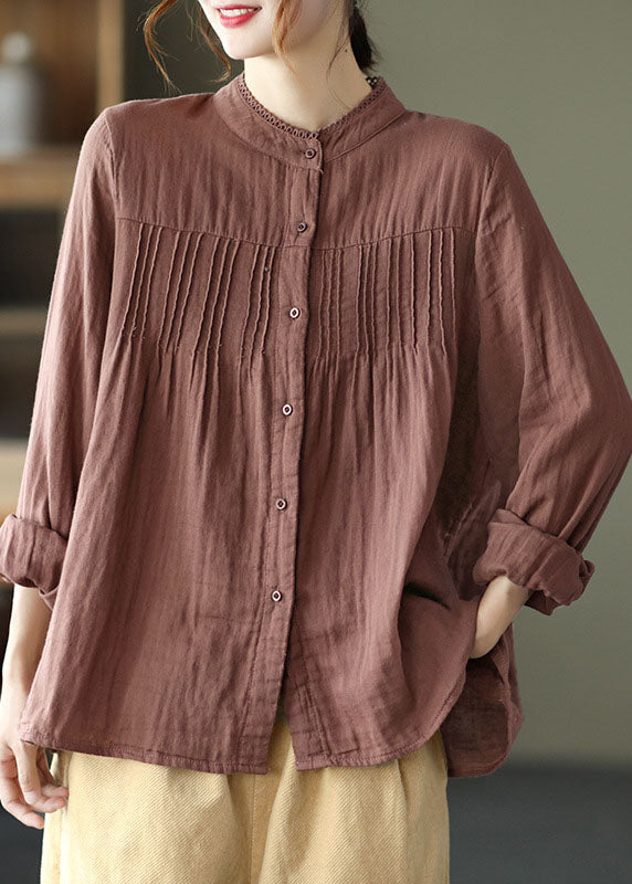 Fitted Chocolate Casual Patchwork wrinkled Tops Fall Shirt