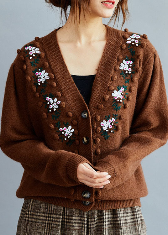Fitted Chocolate Embroidered Button Knit sweaters Coat Winter