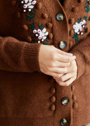 Fitted Chocolate Embroidered Button Knit sweaters Coat Winter
