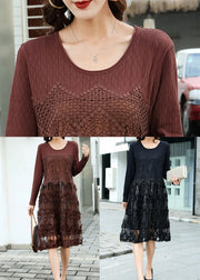 Fitted Coffee Embroidered Patchwork Knit Dresses Spring
