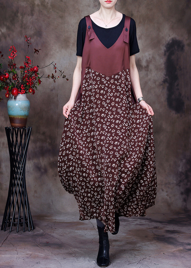 Fitted Chocolate Patchwork Print Chiffon Strap Dress And Cotton Tank Two Piece Set Outfits Summer