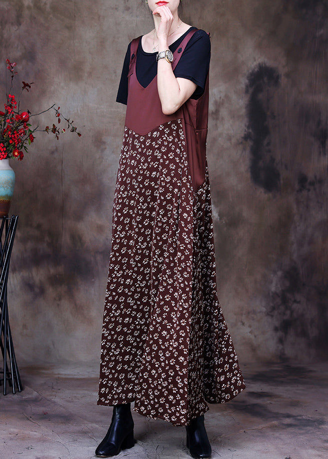 Tailliertes Chiffon-Trägerkleid mit Kaffee-Patchwork-Print und zweiteiliges Set aus Baumwoll-Tank, Outfits für den Sommer