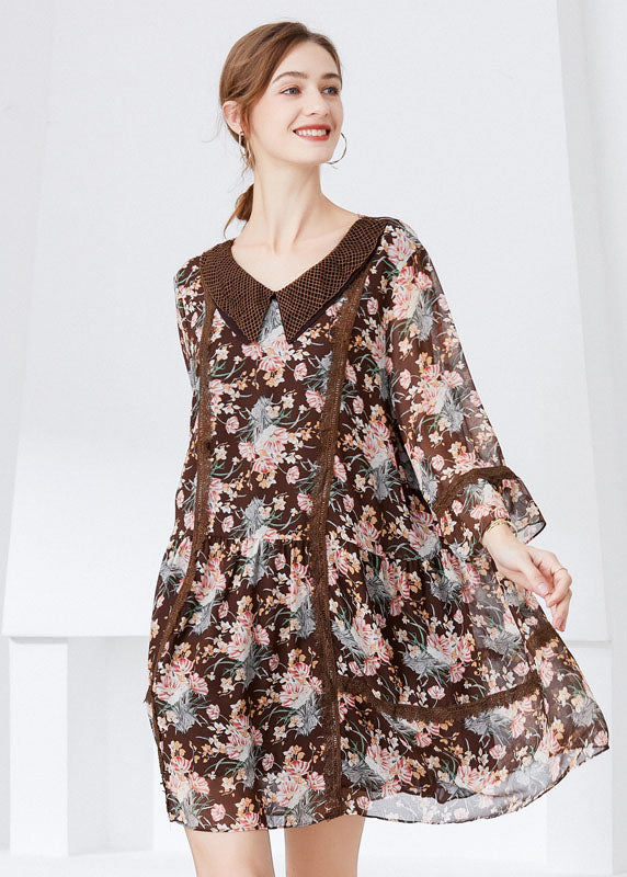 Fitted Coffee Peter Pan Collar Patchwork Print Chiffon Dresses Bracelet Sleeve