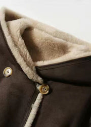 Fitted Coffee Tie Waist Button Thick Hoodie Woolen Blended Coat Winter