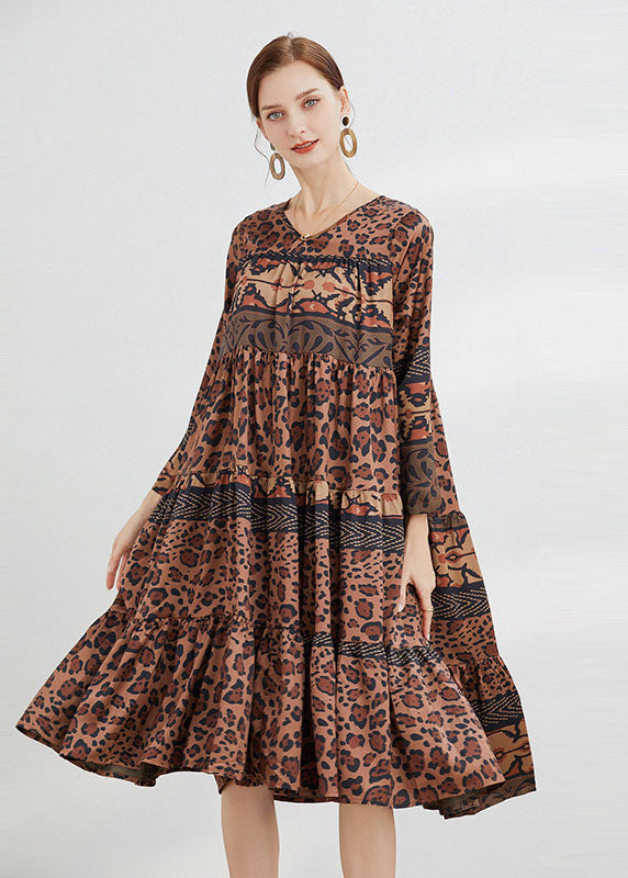 Fitted Chocolate V Neck Print Satin Dress Spring