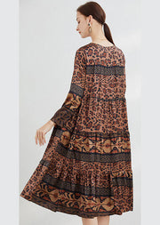Fitted Chocolate V Neck Print Satin Dress Spring