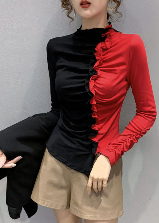 Fitted Colorblock Asymmetrical Ruffled Patchwork Cotton Tops Long Sleeve