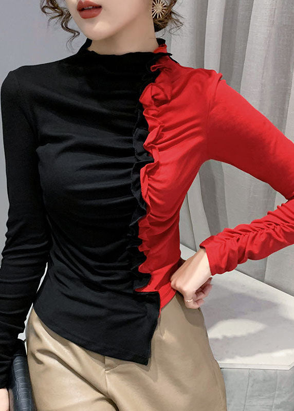 Fitted Colorblock Asymmetrical Ruffled Patchwork Cotton Tops Long Sleeve