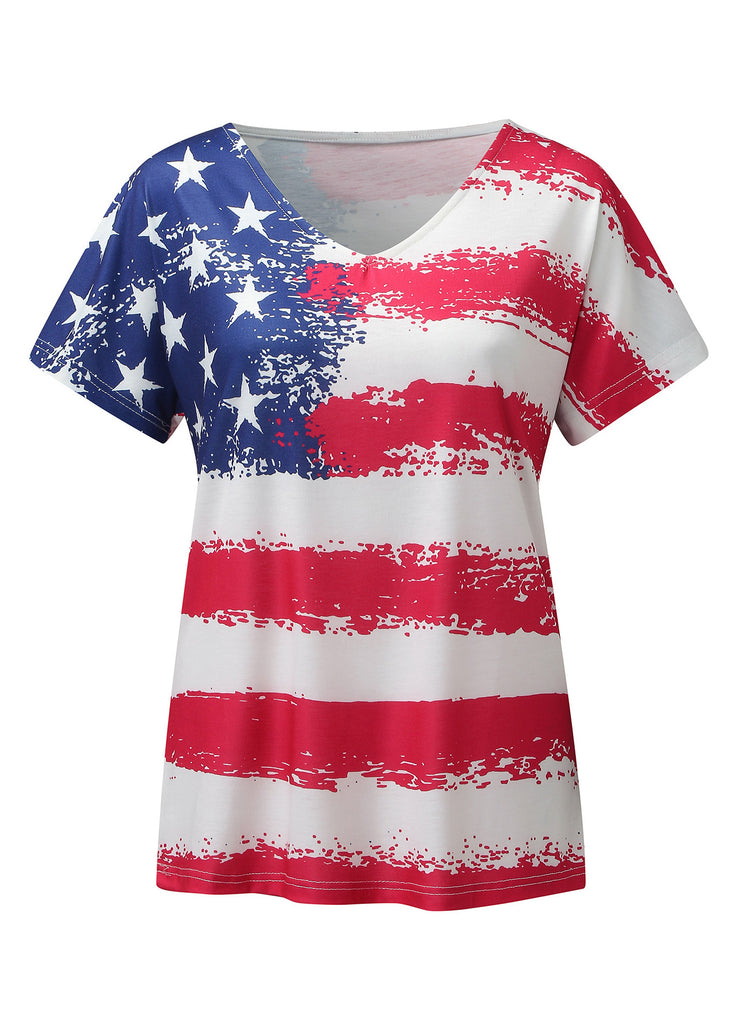 Fitted Colorblock V Neck Independence Day Print Cotton Tank Tops Short Sleeve