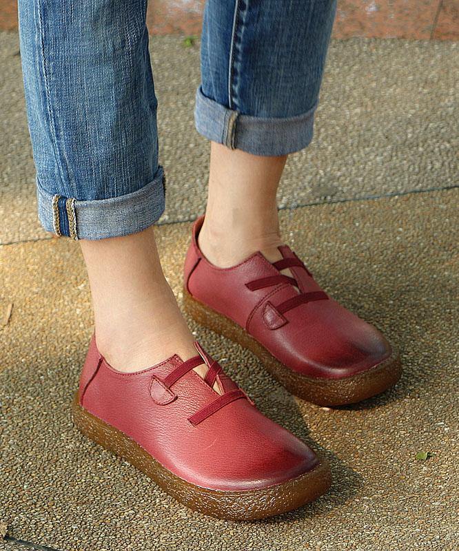 Fitted Cross Strap Flat Shoes For Women Red Genuine Leather - SooLinen