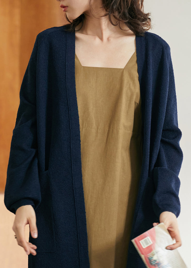 Fitted Dark Blue V Neck Cozy Long Knit Cardigans Long Sleeve