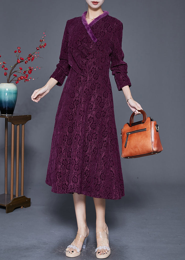 Fitted Dark Purple Jacquard Slim Fit Warm Fleece Long Dress Fall