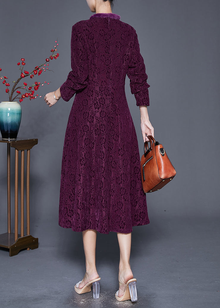 Fitted Dark Purple Jacquard Slim Fit Warm Fleece Long Dress Fall