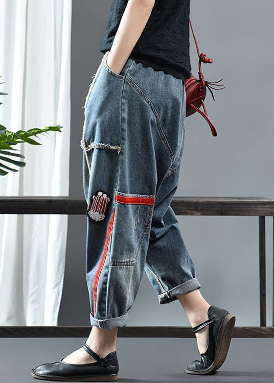Fitted Denim blue Patchwork Print fashion Fall Pants