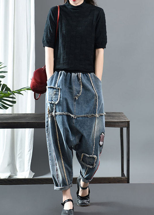 Fitted Denim blue Patchwork Print fashion Fall Pants
