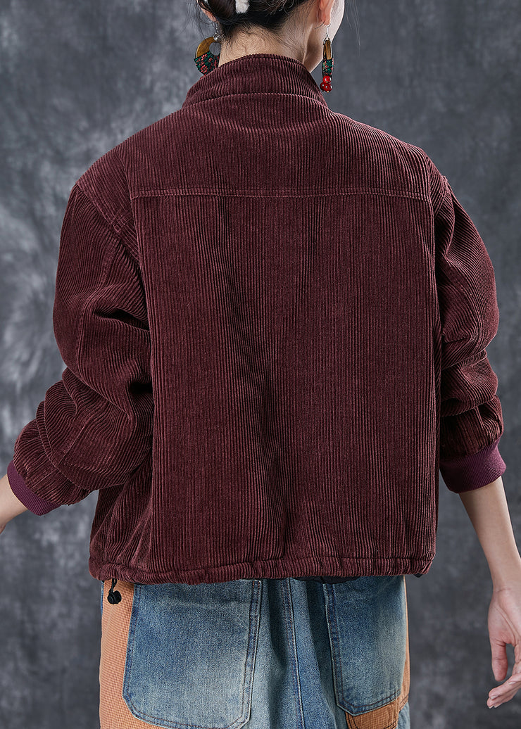 Fitted Dull Red Thick Fine Cotton Filled Corduroy Coats Winter
