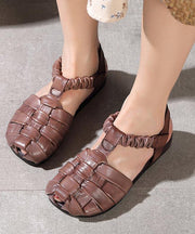 Fitted Flat Sandals Brown Cowhide Leather - SooLinen