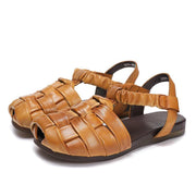 Fitted Flat Sandals Brown Cowhide Leather - SooLinen
