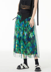 Fitted Green Asymmetrical Print Patchwork Tulle Skirts Summer
