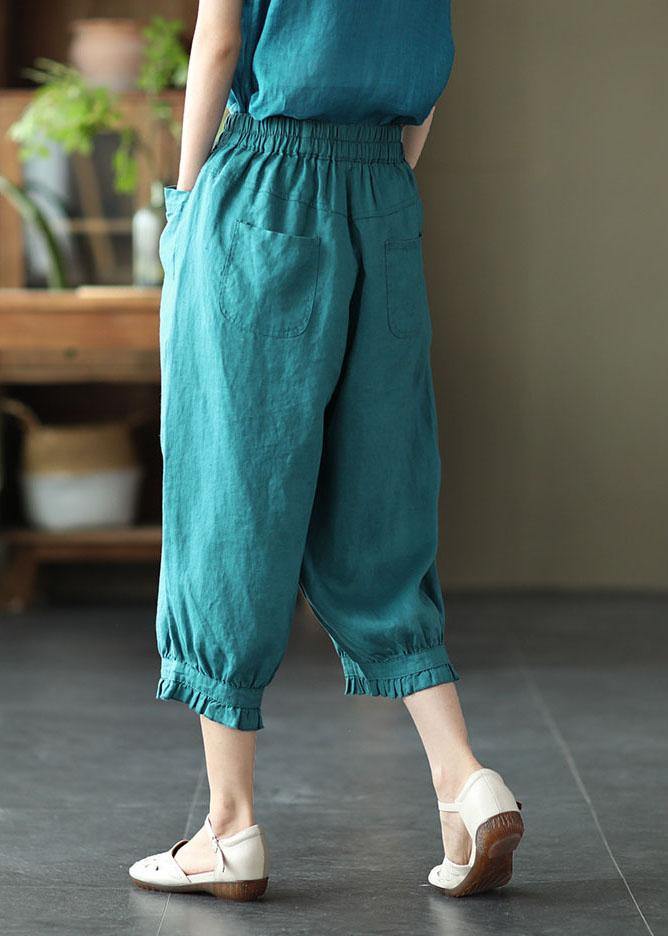 Fitted Green Elastic Waist Pockets Harem Pants Linen - SooLinen