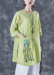 Fitted Green Embroidered Tassel Linen Top Half Sleeve
