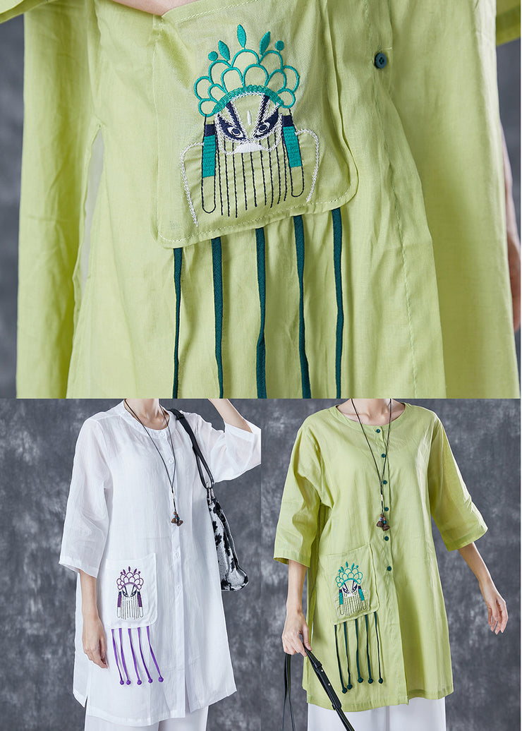 Fitted Green Embroidered Tassel Linen Top Half Sleeve