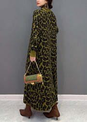 Fitted Green High Neck Oversized Leopard Print Long Knit Dress Winter