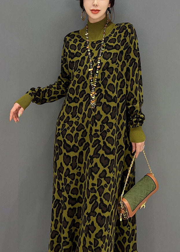 Fitted Green High Neck Oversized Leopard Print Long Knit Dress Winter