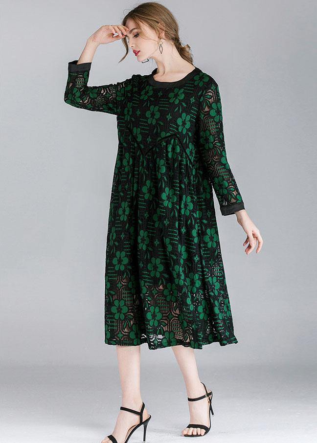 Fitted Green Hollow Out Jacquard Spring Long Sleeve Mid Dress - SooLinen