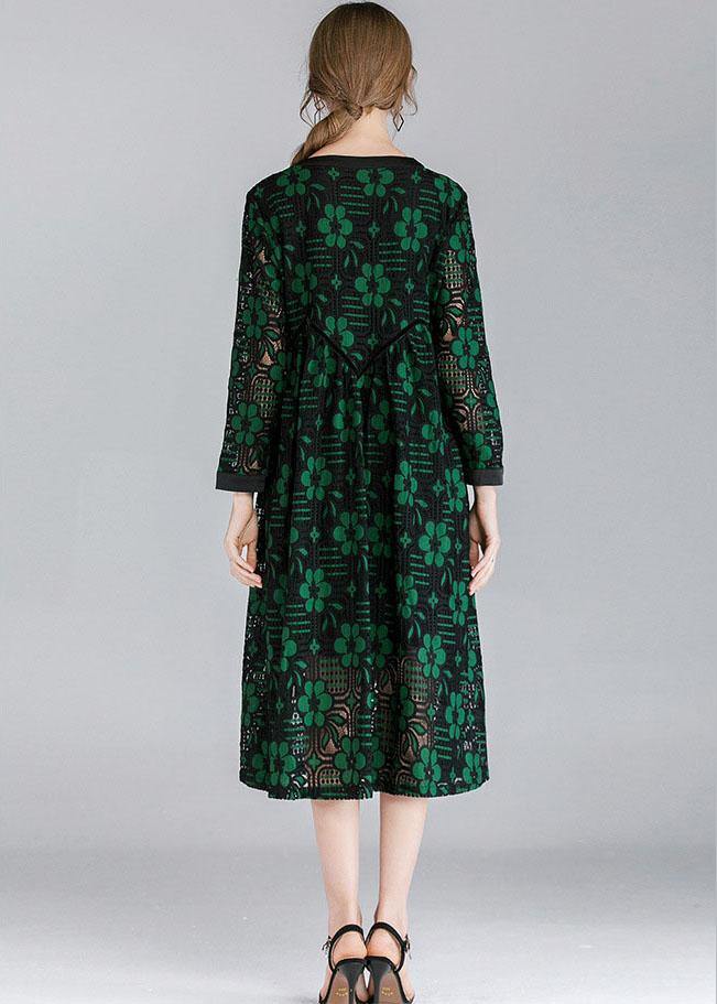 Fitted Green Hollow Out Jacquard Spring Long Sleeve Mid Dress - SooLinen