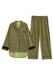 Fitted Green Notched Plaid Button Cotton Pajamas Two Pieces Set Spring